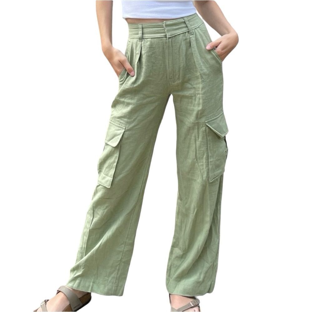 ✨Abercrombie & Fitch Linen-Blend Tailored Ultra Wide-Leg Cargo Sz S Green Pants✨ - Picture 7 of 9